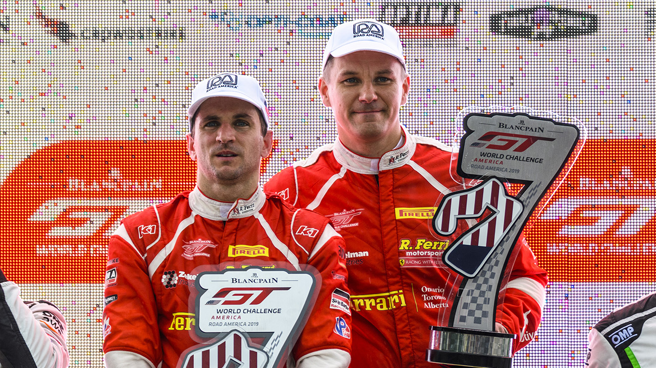 A brilliant charge from fifth to second by Daniel Serra in the final 10 minutes on Sunday at Road America provisionally clinched the Blancpain GT World Challenge America Pro championship for his R. Ferri Motorsports Ferrari teammate Toni Vilander with two races remaining in the 2019 season.